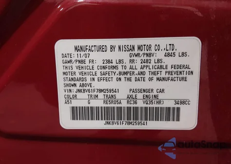 2008 Infiniti G35X from USA, damaged, VIN JNKBV61F78M259541